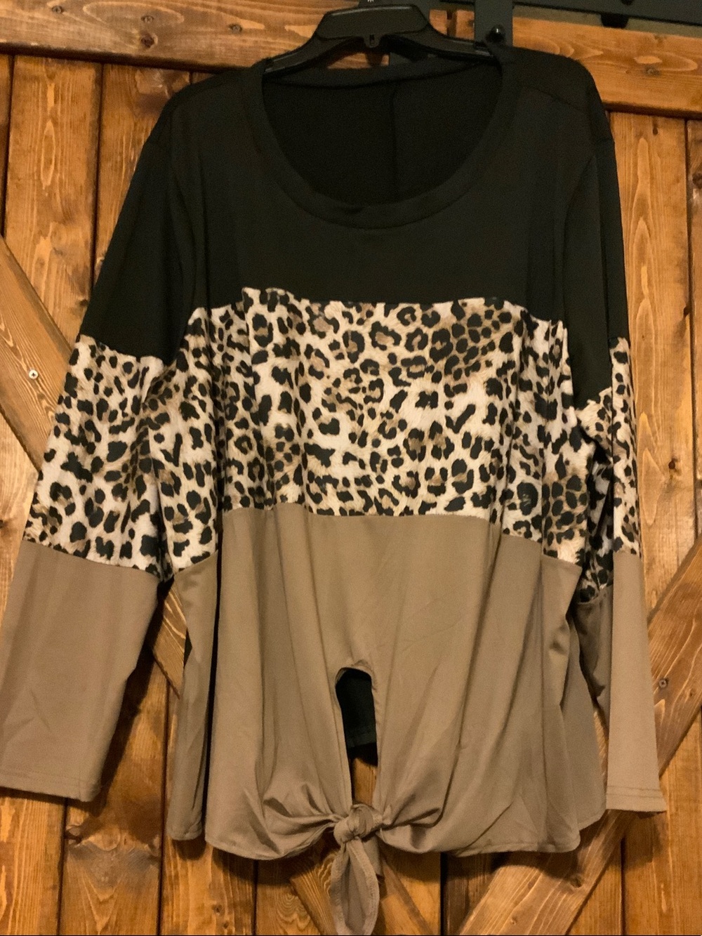 Womens Black Taupe Leopard Tie-Front Top